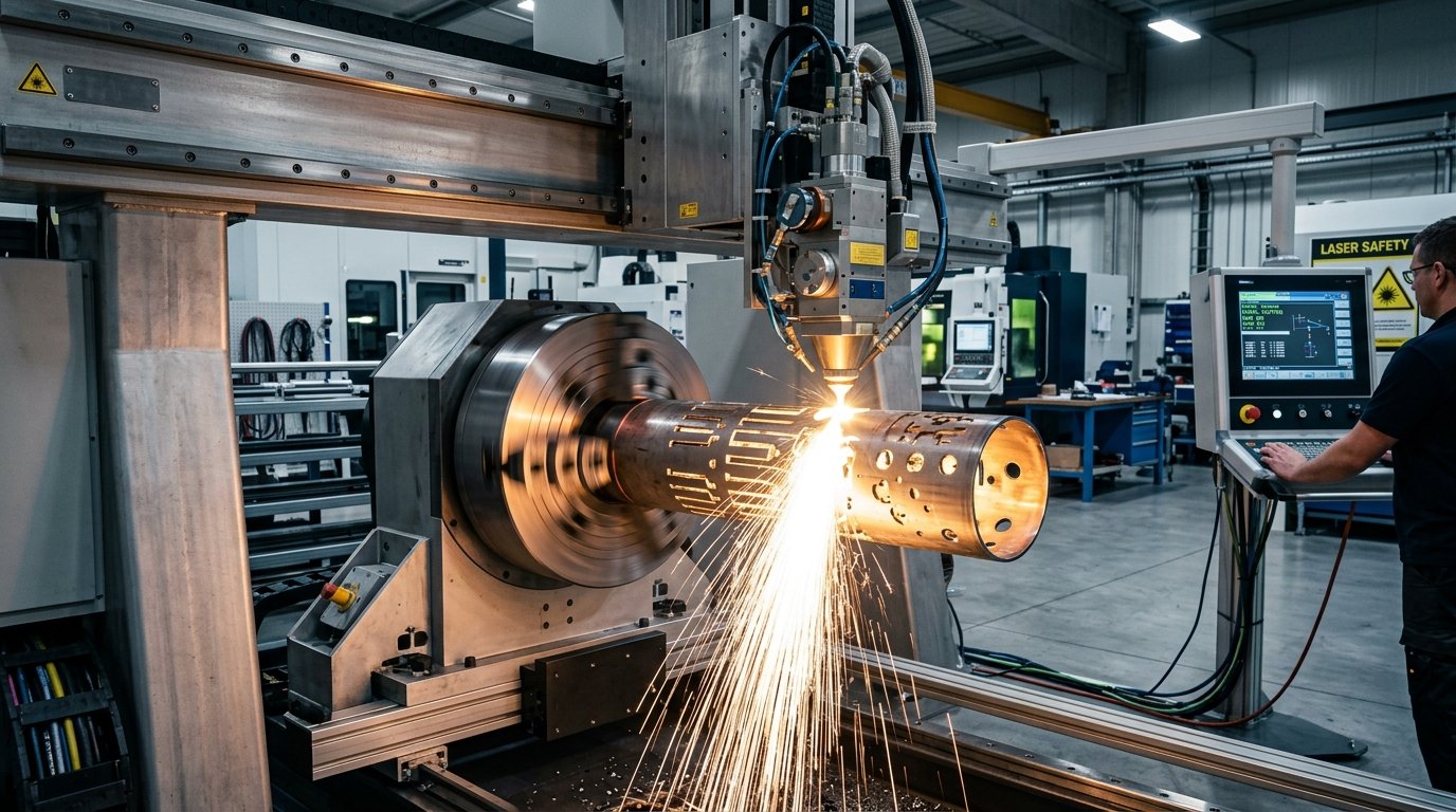 CNC rotary laser tube cutting circular steel pipe with bright sparks