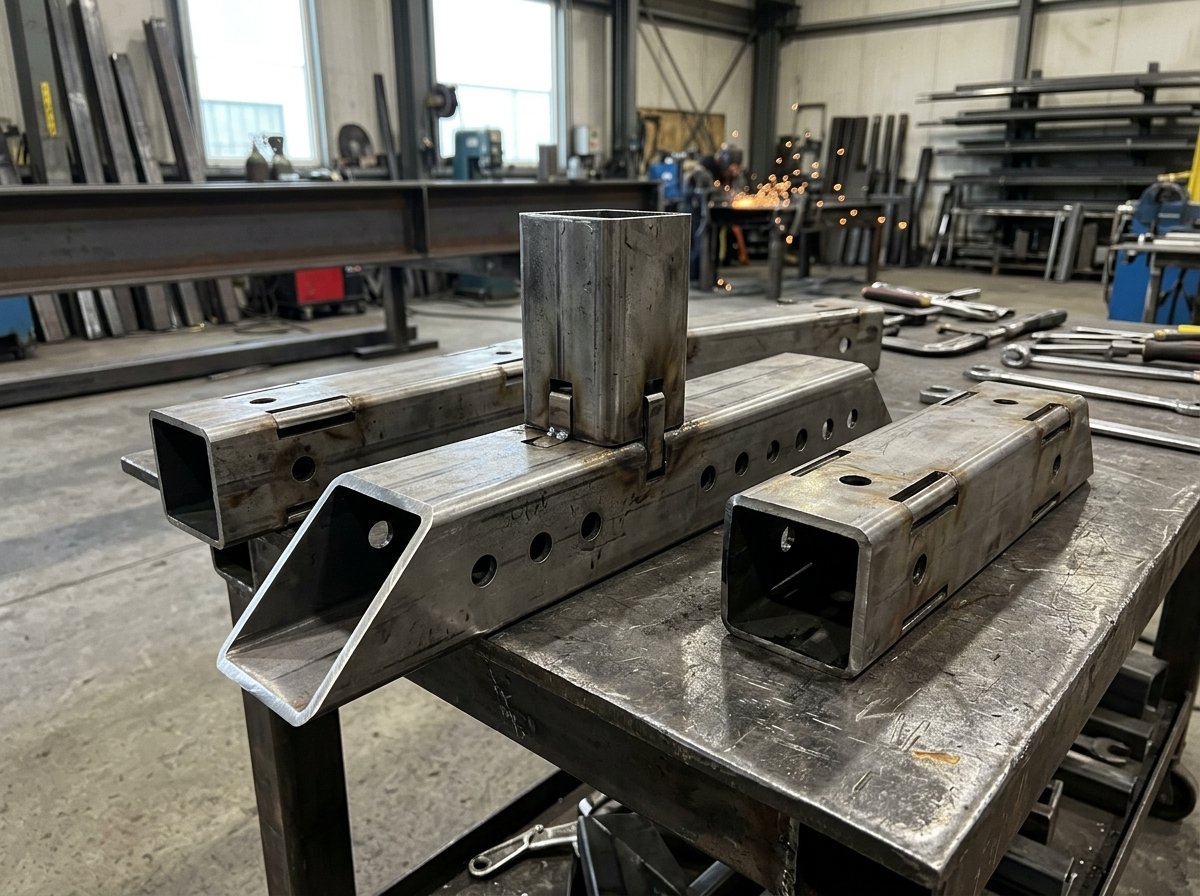 Square metal tube with laser-cut interlocking slots